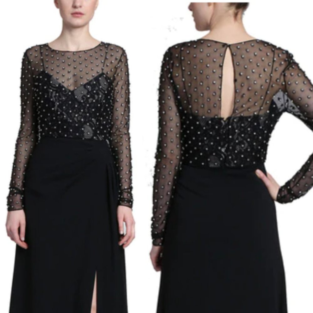 $1,190 NWT BADGLEY MISCHKA Women Black Maxi Long Dress 0 XS Sparkle Ruched Sheer - Picture 3 of 12